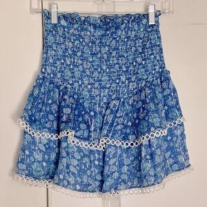 Hemant & Nandita Smocked Tiered Blue Paisley Metallic Stripe Mini Skirt P/XS
